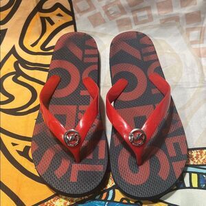 Michael Kors Red and Black Logo Flip Flops - Size 8